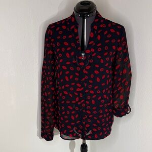 Limited Black Navy Blouse with Red Lip Print Women’s Sz Small
